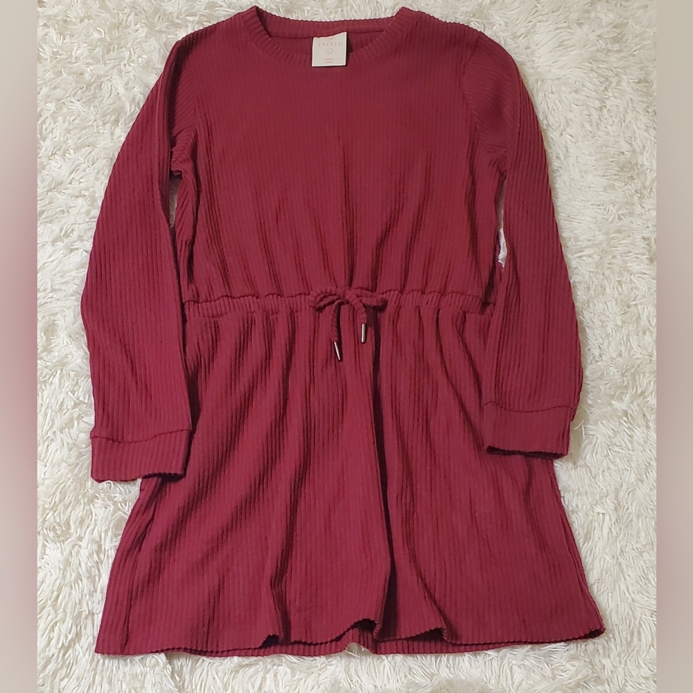 Freely Long Sleeve Cinched Waist Dress, Womens Large, Burgundy Maroon Fall Tunic